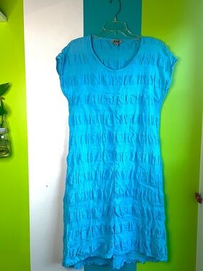 Flax Bright Turquoise Textured Linen Cotton Short Sleeve Dress
